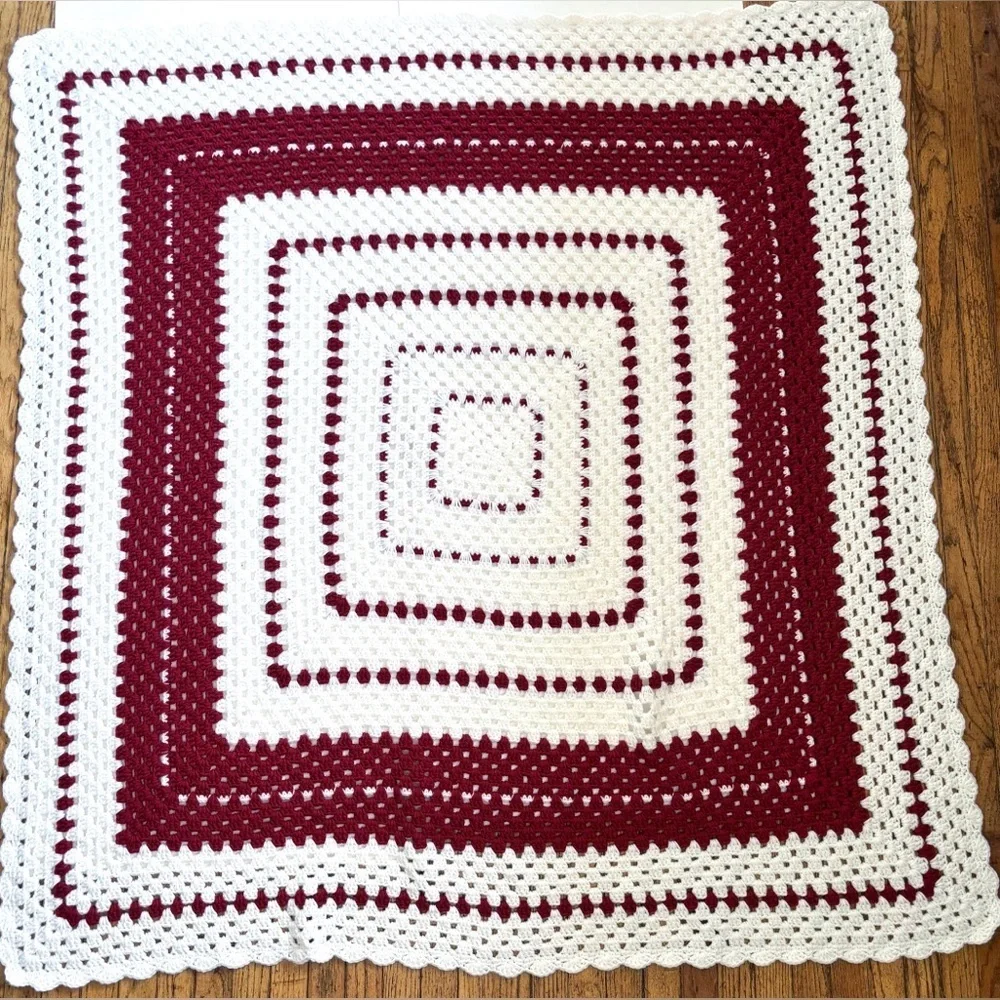 Deep Red White Crochet Afghan Handmade Dark Romance Cottage Farm Core Farmhouse